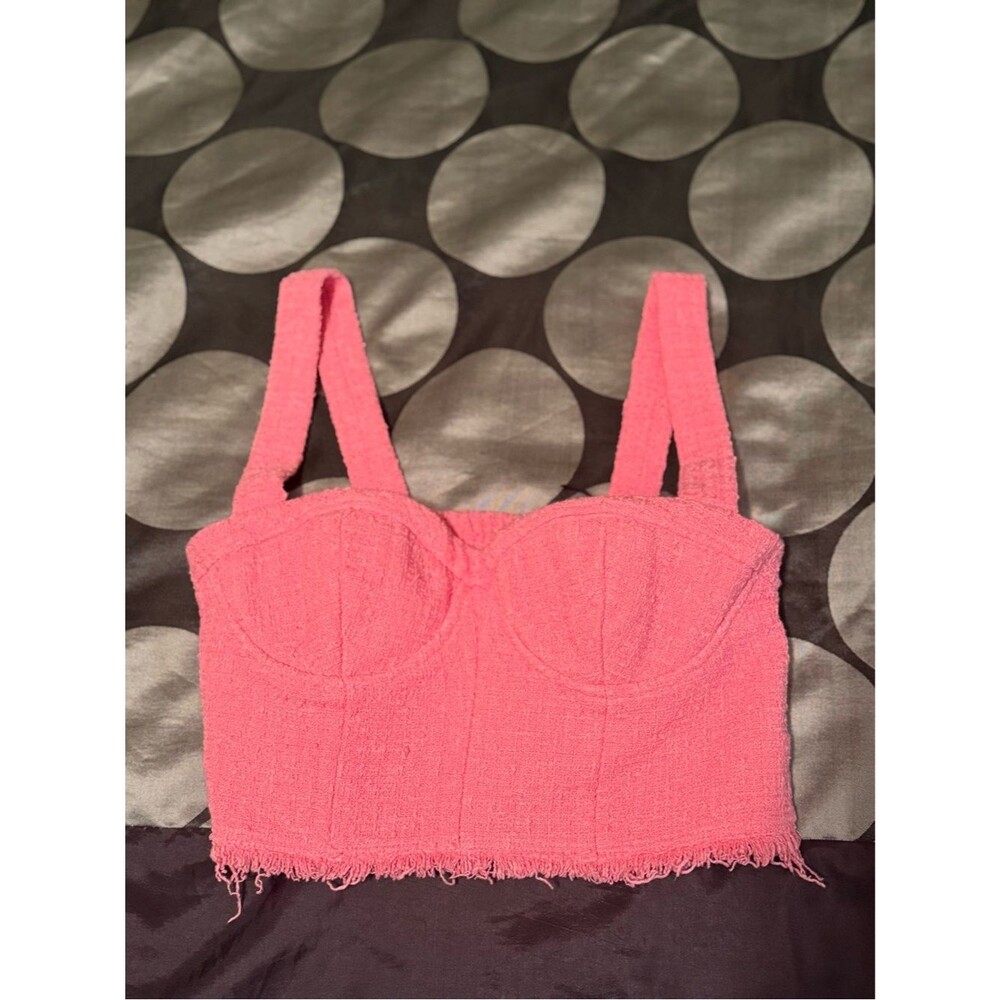 Zara Pink Tweed Corset Crop Top Bustier Frayed Hem Textured Tank Size S